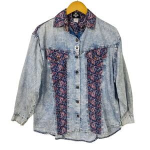 Kyoto Womens Denim Shirt Large Blue Button Up Paisley Print Patches Front Collar